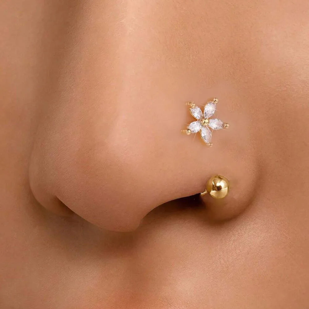 1Pc Simple Flower-Shaped Nose Ring,14K Gold Plated Stainless Steel