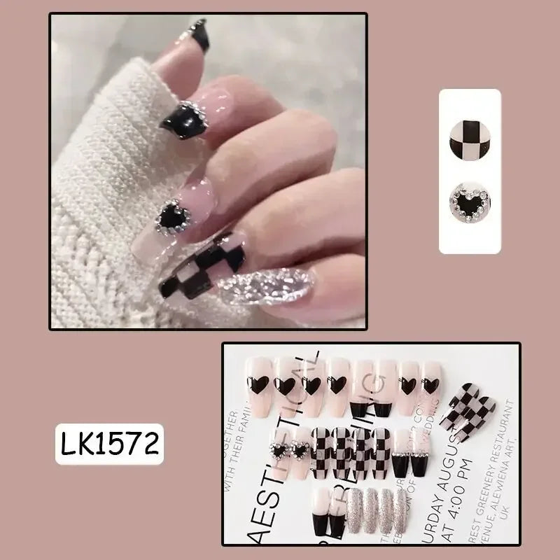 Pink Fake Nails Press on Nail Designs Art Long Tips False Forms with Glue Stick Stickers Reusable Set Acrylic Artificial