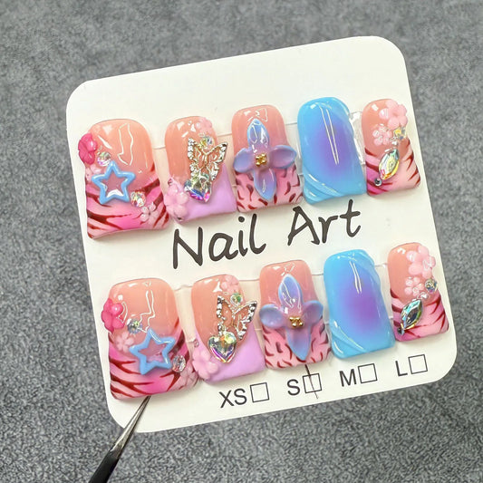 10pcs Handmade Fake Nails Duckbill Shaped Press On Nails Colorful Leopard-print French False Nails With 3D Carved Flower Designs