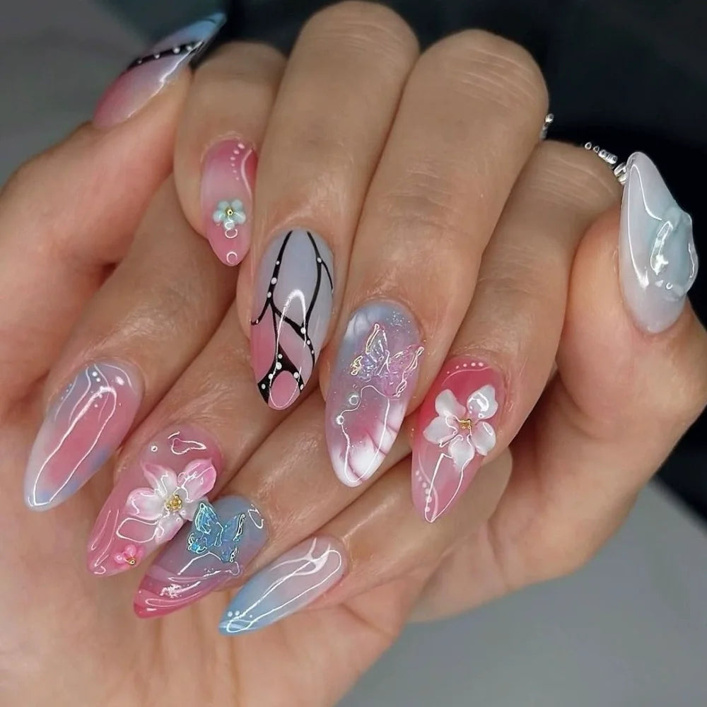 24pcs Flower Almond Press on Nails