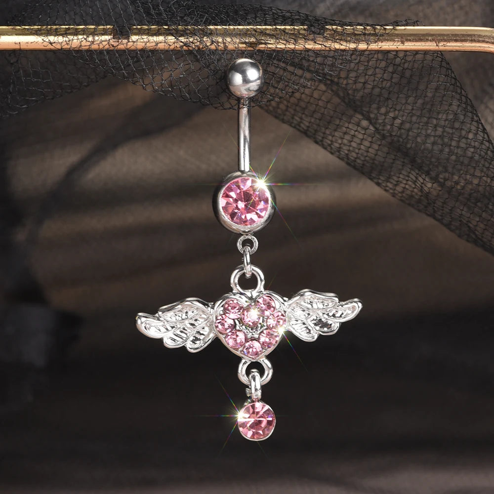 Steel Belly Button Rings Pink Crystal Piercing