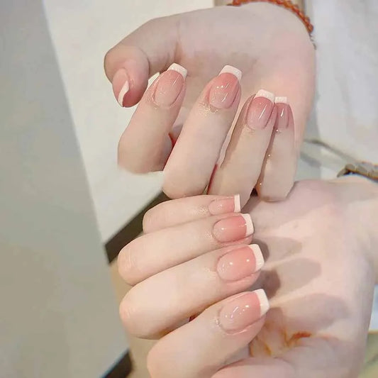 10pcs French White Fake Nails Light Pink Press on NailsFull Cover Short Square Ins Simple False Nails for Women and Girls Wear