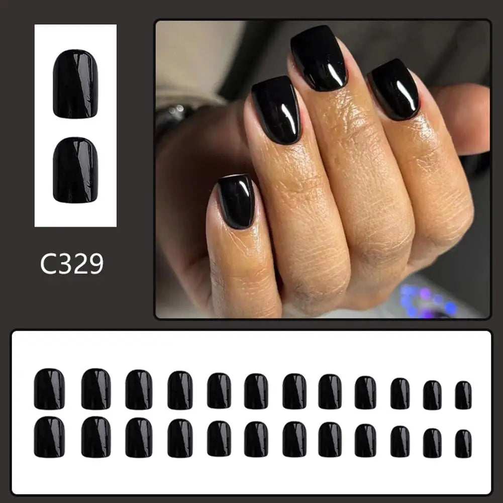 24pcs Black Square Press on Nails Medium Long Fake Nails