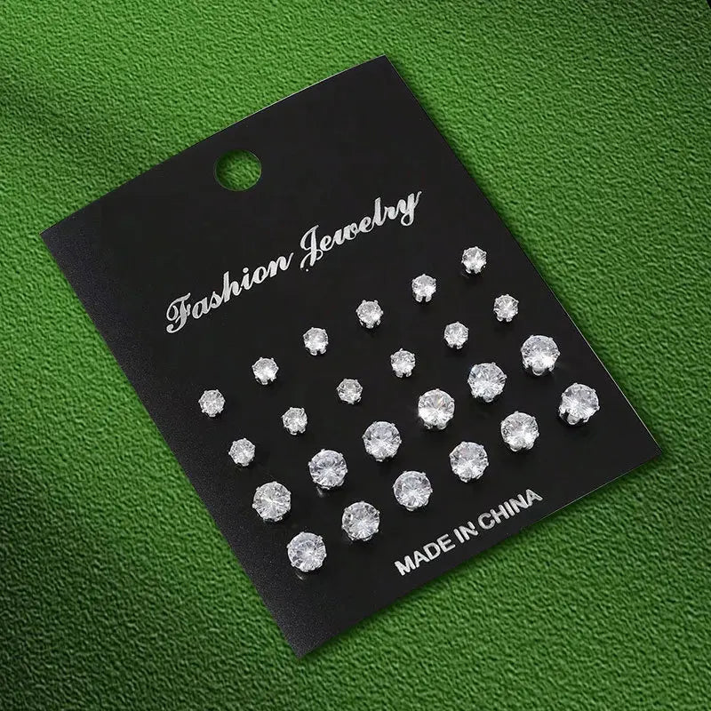 12 Pairs Set Stainless Steel Stud Earrings with Gemstone Buds