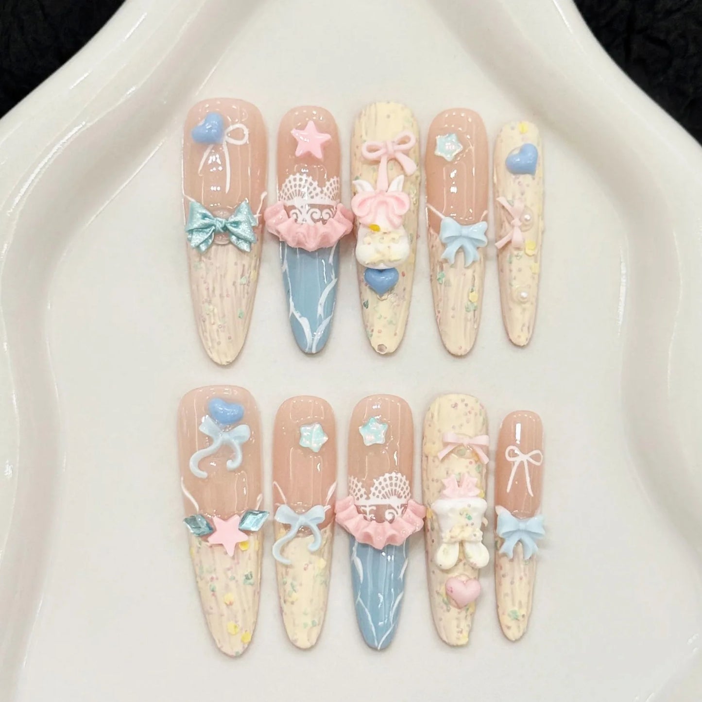 Handmade Press on Nails with Cute Bear Paw Design Light Blue Fake Nails Full Cover Wearable Sweet Korean Almond False Nail Tips