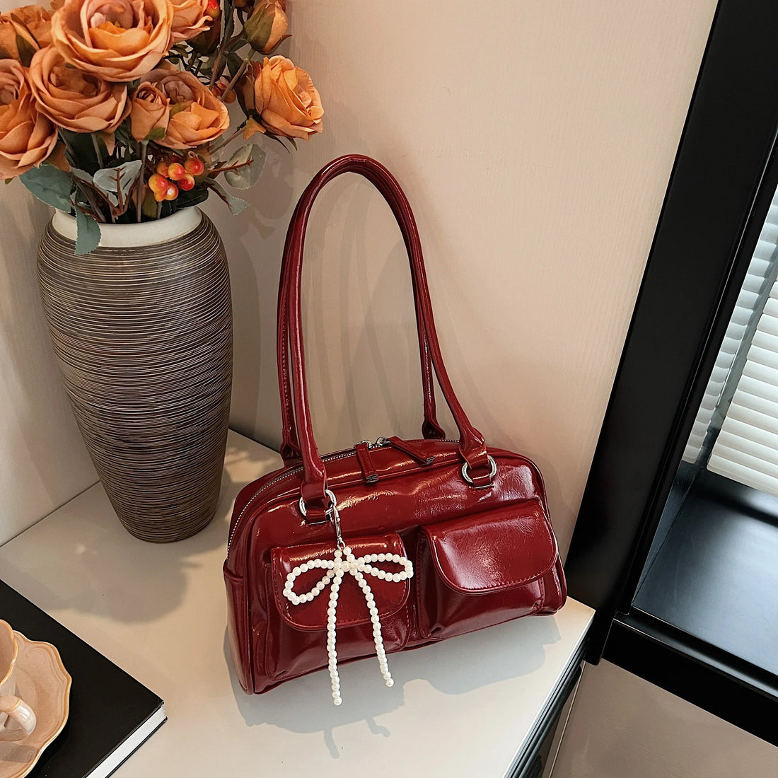 Fashionable Underarm Bow Bag for Women in Black Red Blue and Beige