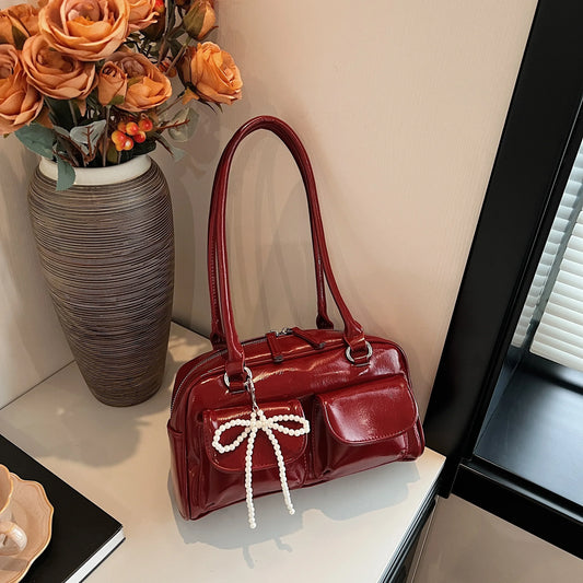 Fashionable Underarm Bow Bag for Women in Black Red Blue and Beige