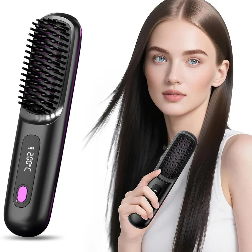 Cordless USB Rechargeable Hair Straightener Brush with LCD Display in white and black