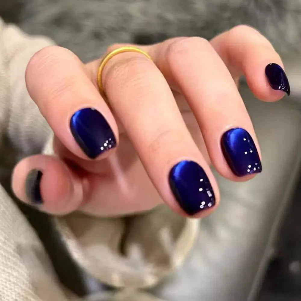 30Pcs Blue Cat Eye Wearable Press-On Nails short square ballet shape