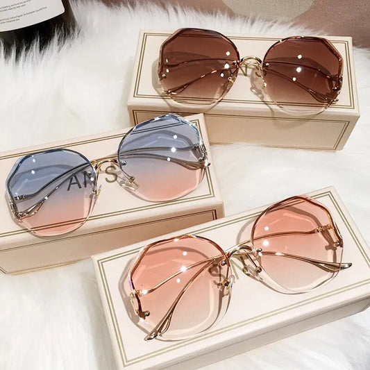 Vintage Rimless Oversized Square Sunglasses for Women in Pink Blue Pink Grey and Brown