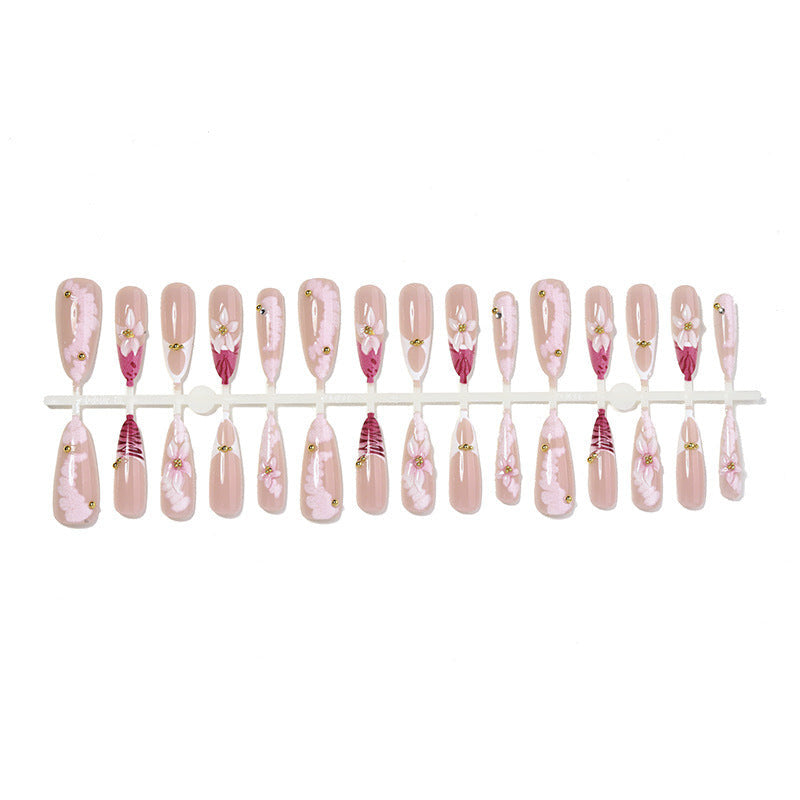 Gentle Nude Pink Press on Nails with 3D Flower