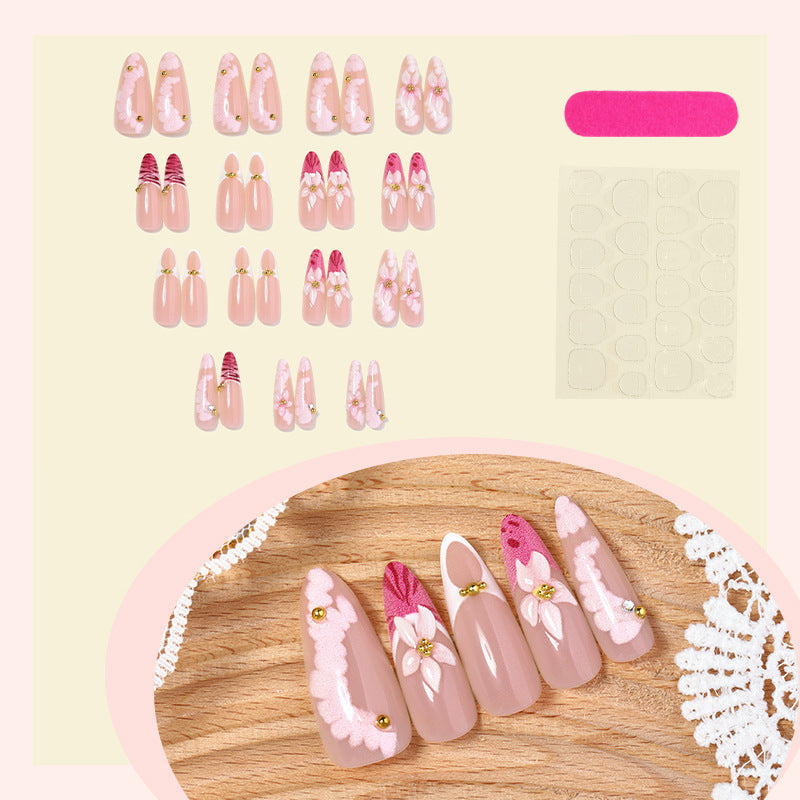 Gentle Nude Pink Press on Nails with 3D Flower