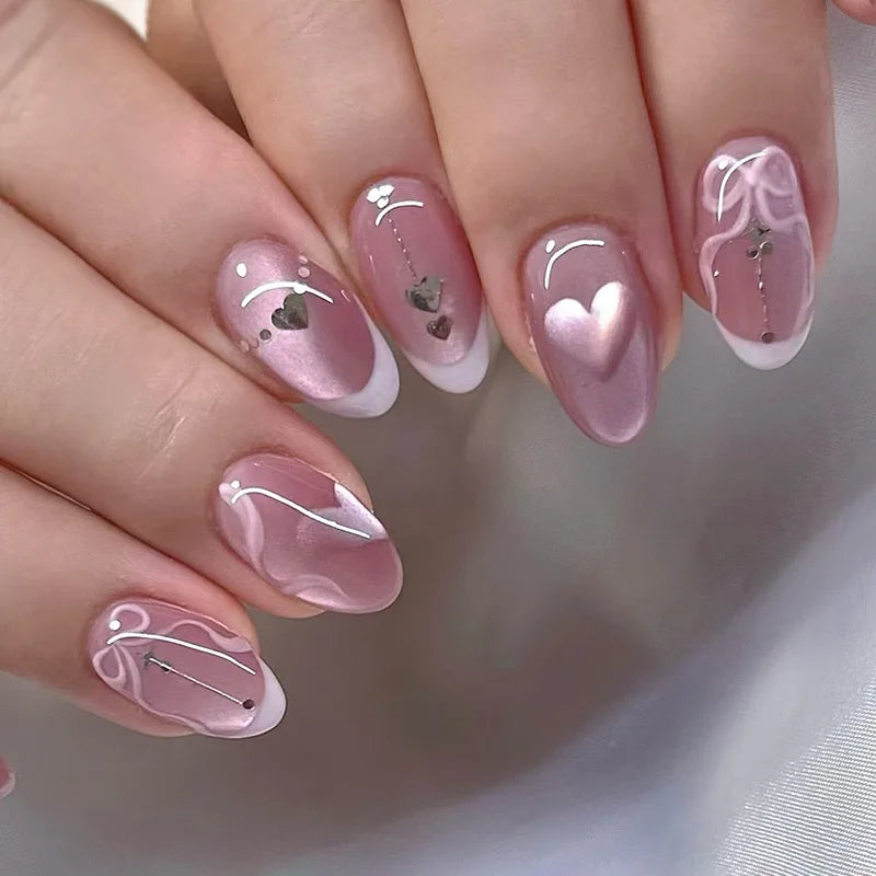 Blue Almond Press on Nails with 3D Pearl Design Mid-length Oval False Nails Tips Bow Pattern Wearable Fake Nail for Women