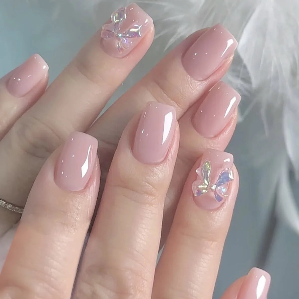 White French Press on Nails 3D Bowknot Fake Nails