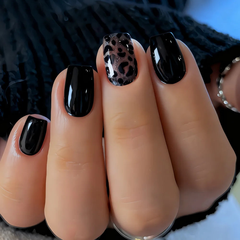 24pcs Press on Nails Short Almond Bowknot Black Press on Nails