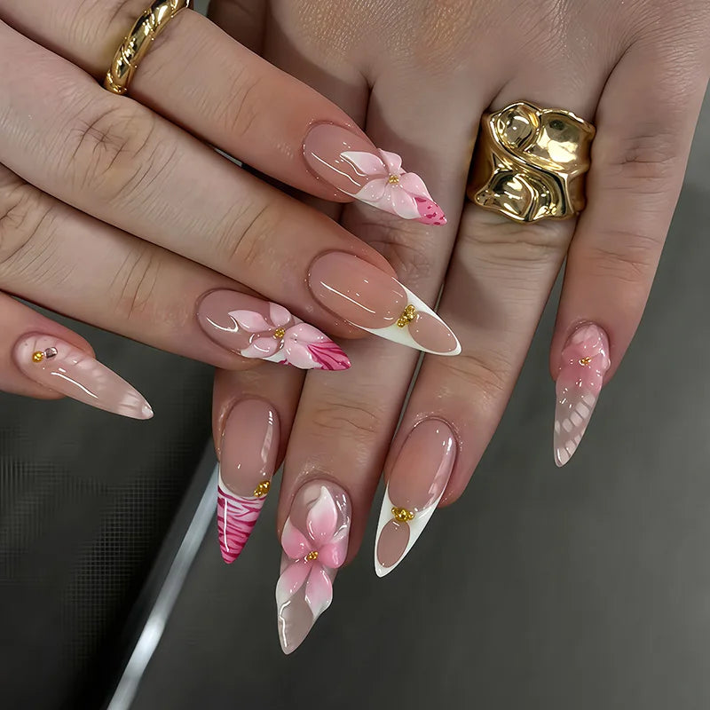 Gentle Nude Pink Press on Nails with 3D Flower