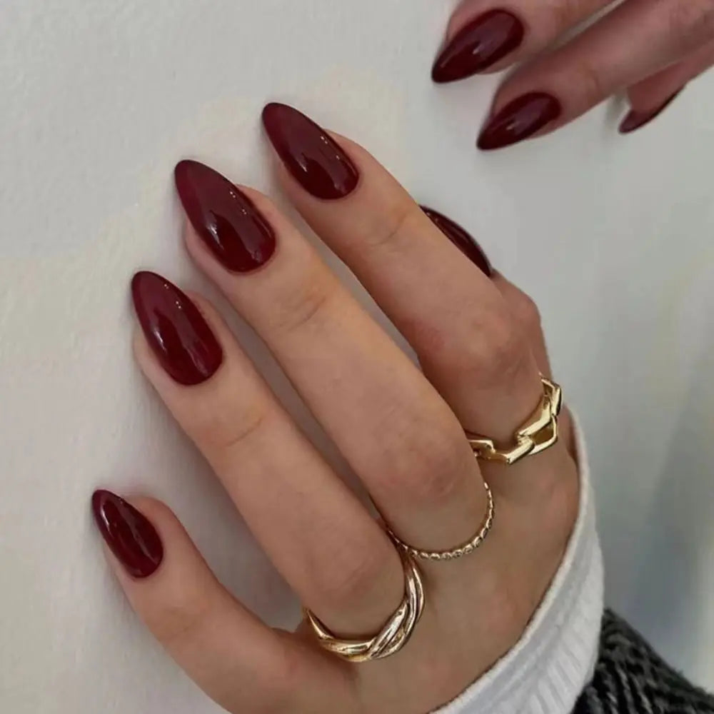 24Pcs Long Almond False Nails French Cherry Red