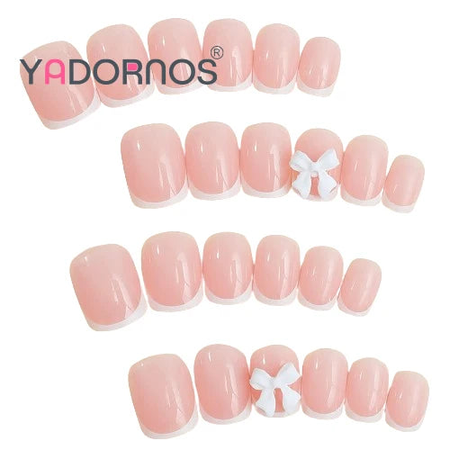 White French Press on Nails 3D Bowknot Fake Nails