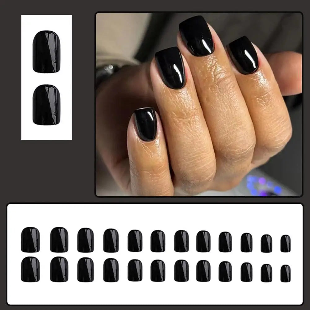 24pcs Black Square Press on Nails Medium Long Fake Nails