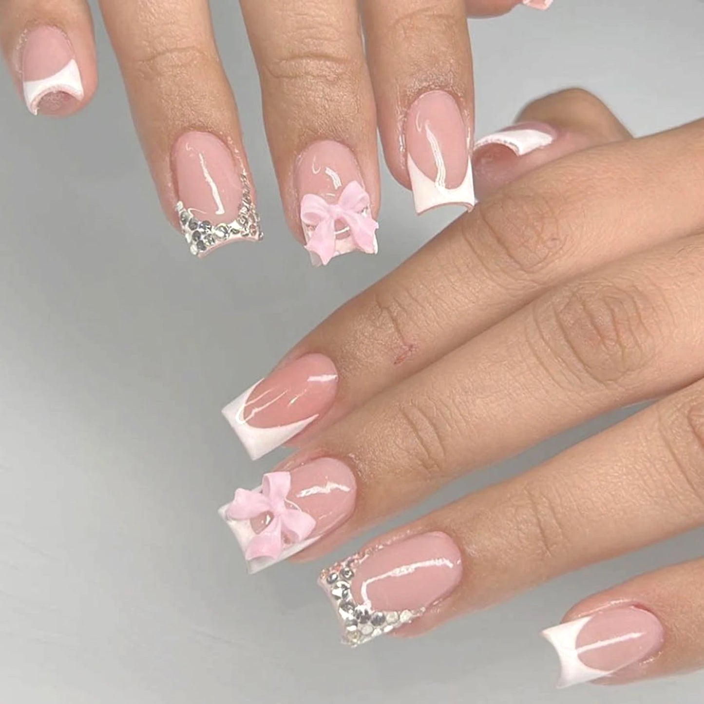 White French Press on Nails 3D Bowknot Fake Nails
