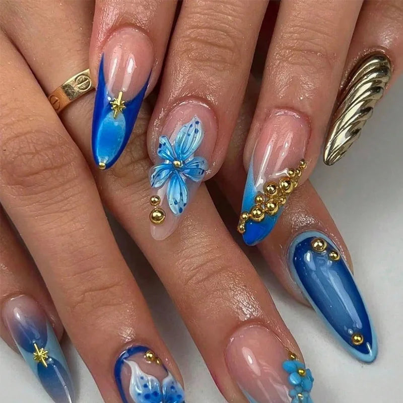 24pcs Flower Almond Press on Nails