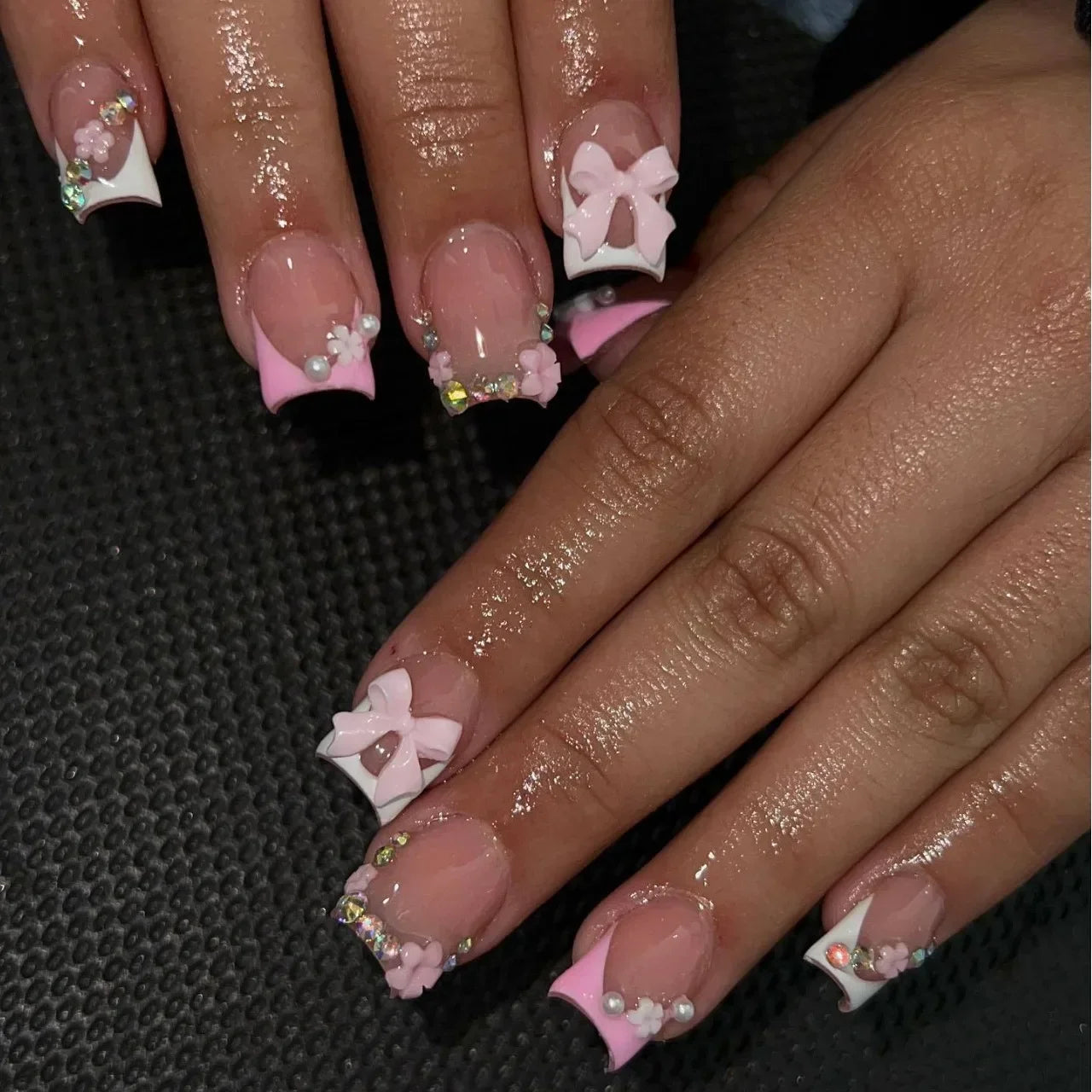 24pcs Press on Nails Short Almond Bowknot Black Press on Nails