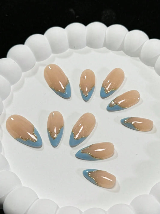 10 Pieces of Handmade Fake Nails with Blue French Tips
