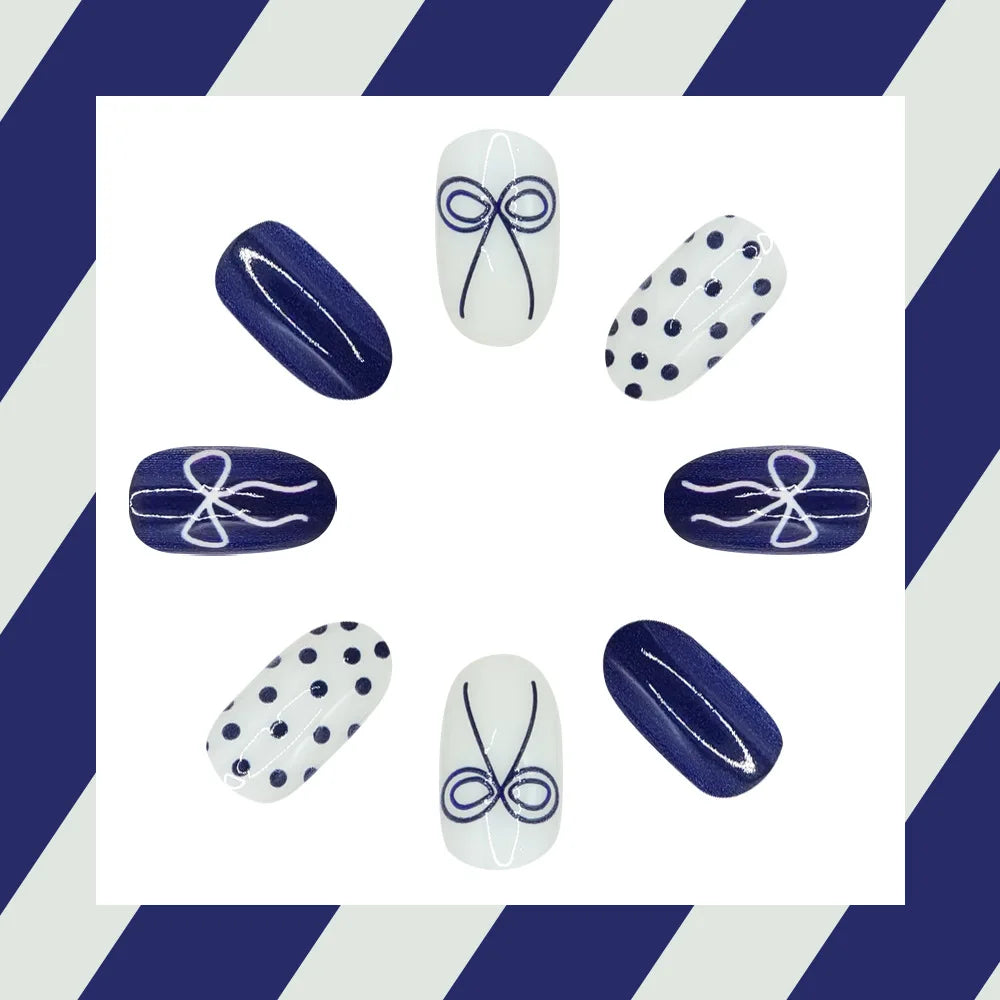 24-Pcs Fake Nails Short Rounded Deep Blue with Butterfly Polka Dots