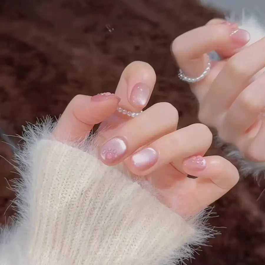 10pcs Cute Woman Press On Nails Handmade Pink Cat Claw Short False Artificial Nail Tips Decorated Korean Nails Press On