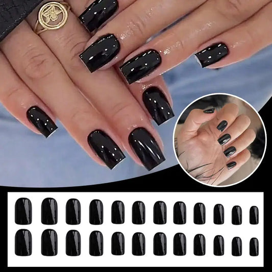 24pcs Black Square Press on Nails Medium Long Fake Nails, 12 Sizes Glossy Acrylic Nails Press on Square Nails Tips Fake Nail Set