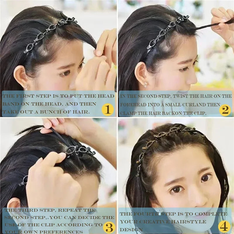 Fashion Women Girls Non-Slip Hair Bands With Clips Double Layer Headbands