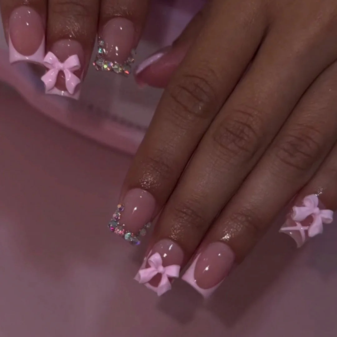 24Pcs Pink French Style Fake Nails 3D Bowknot