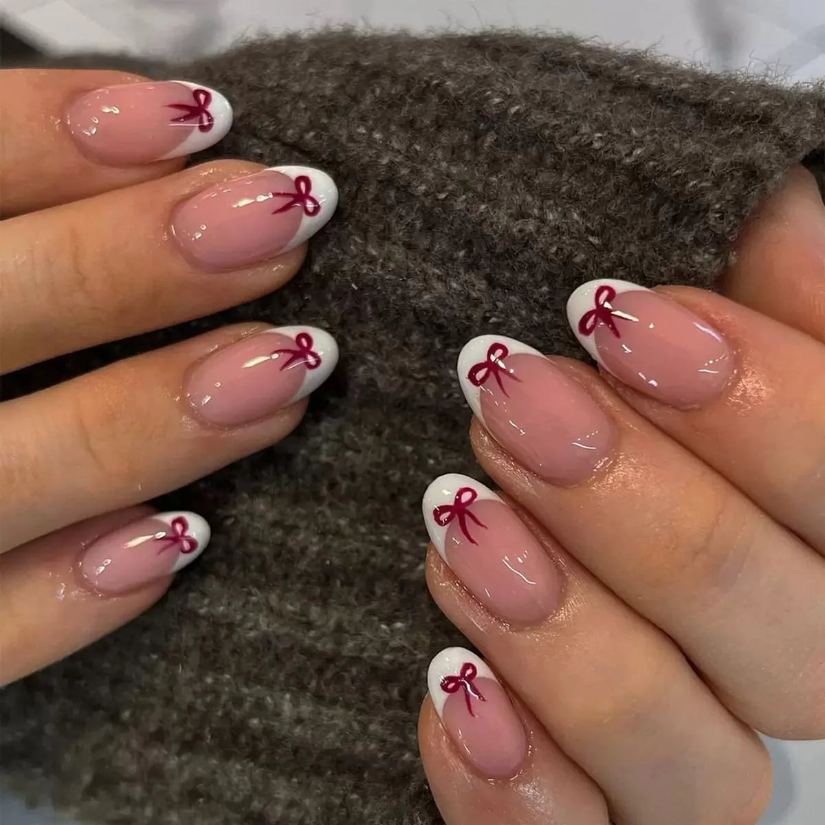 White French Press on Nails 3D Bowknot Fake Nails