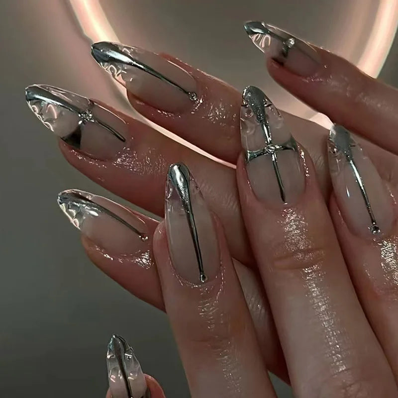 24Pcs Dark Press on Fake Nails with Black Glitter