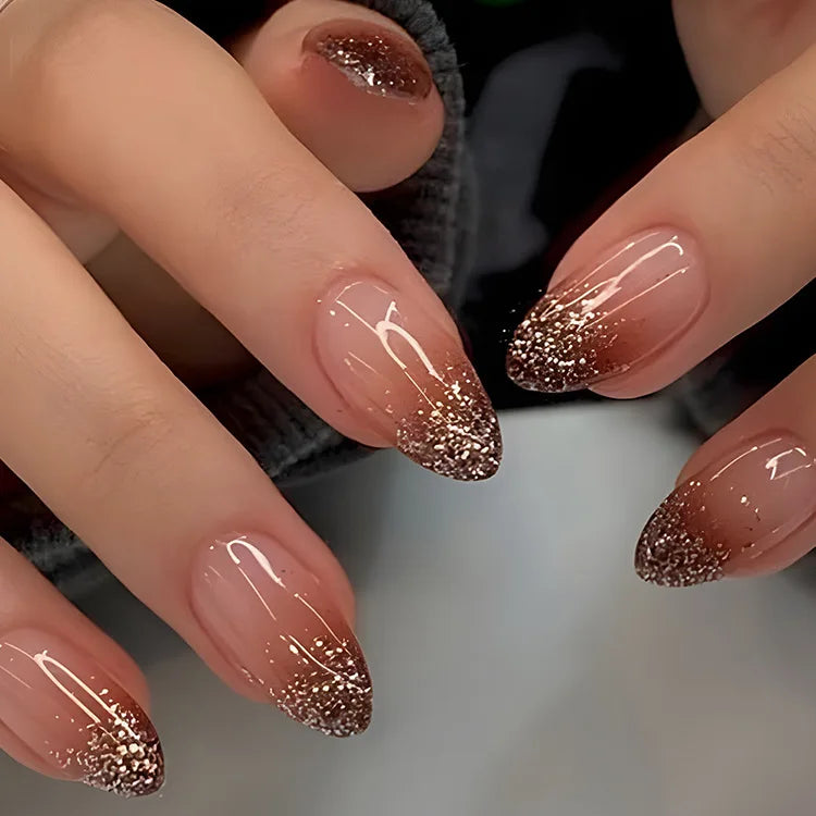 24Pcs Almond Fake Nails with Shimmery Powder