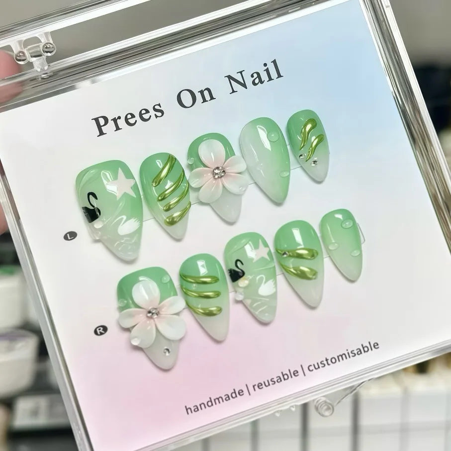 Gentle Nude Pink Press on Nails with 3D Flower