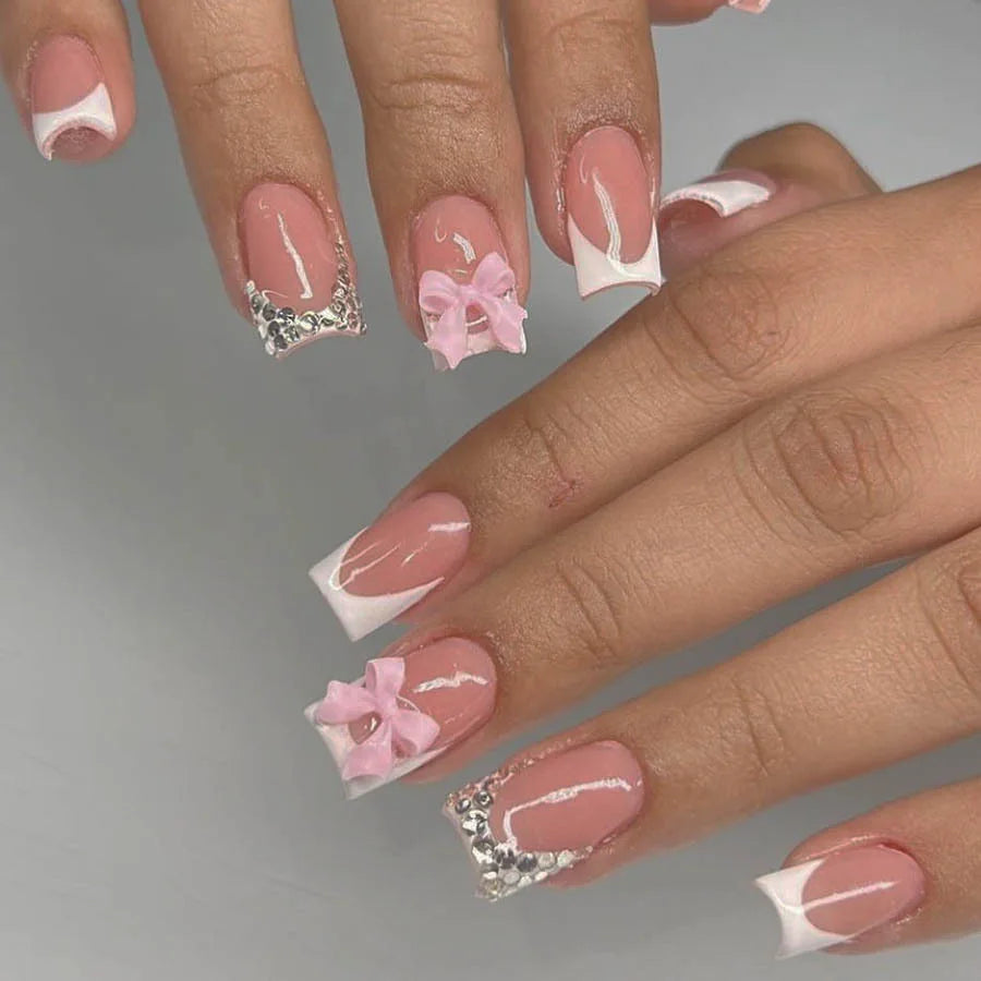 24Pcs Pink French Style Fake Nails 3D Bowknot