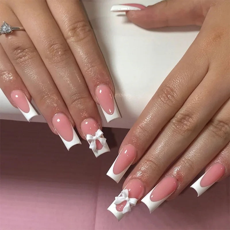 White French Press on Nails 3D Bowknot Fake Nails