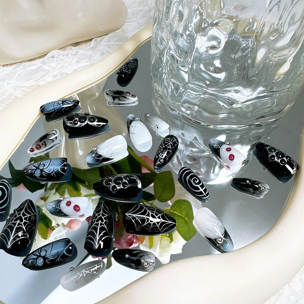 30pcs/Box Spider Web False Nails French Tips Halloween Press on Nails Medium Almond  Women Holiday Decoration Full Cover Tips