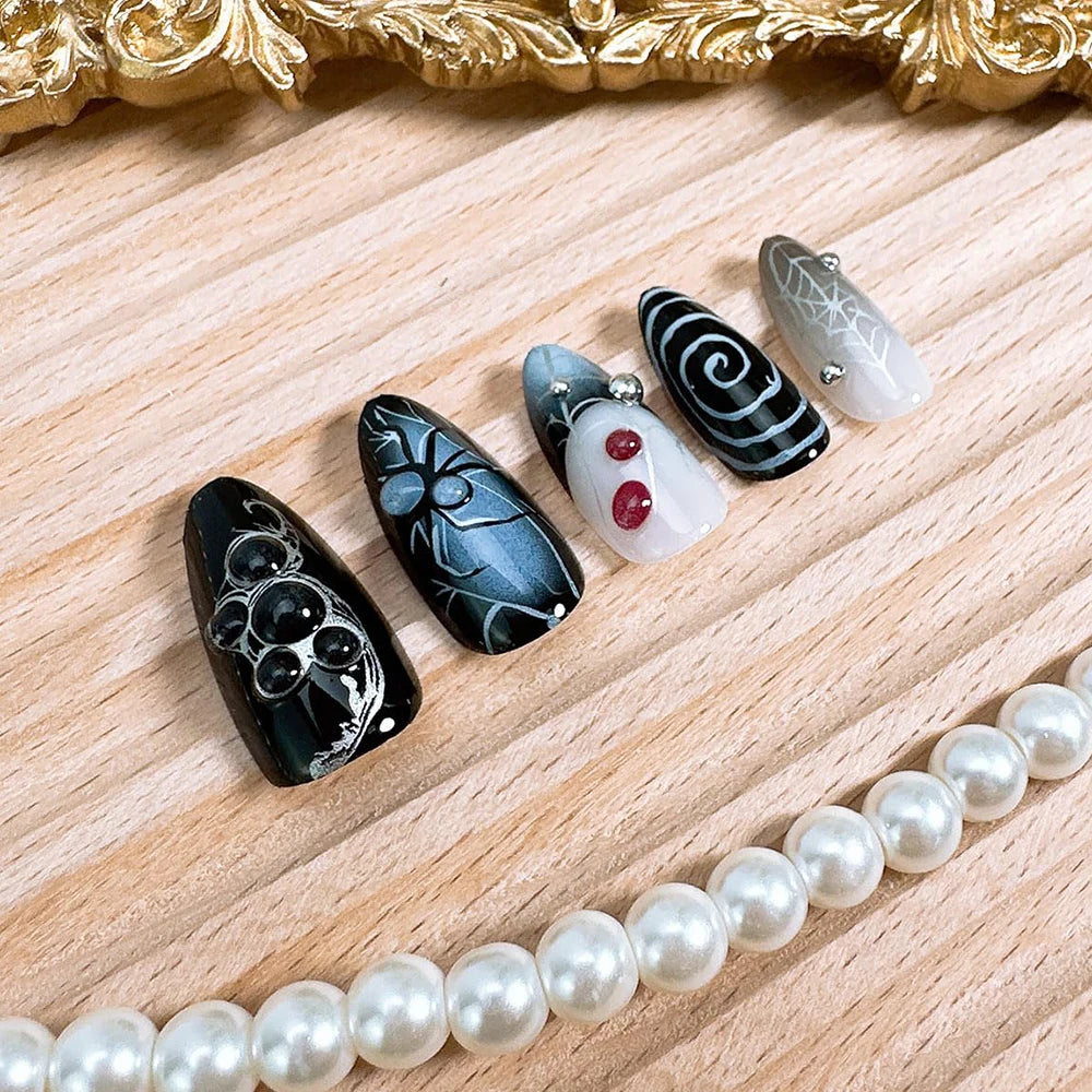 30pcs/Box Spider Web False Nails French Tips Halloween Press on Nails Medium Almond  Women Holiday Decoration Full Cover Tips
