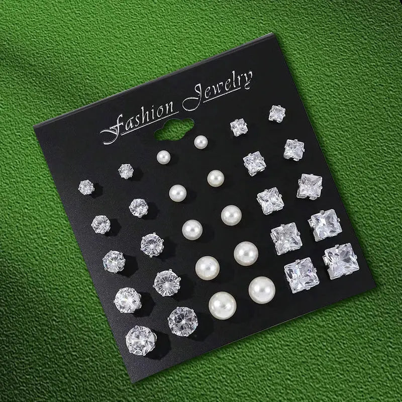 12 Pairs Set Stainless Steel Stud Earrings with Gemstone Buds