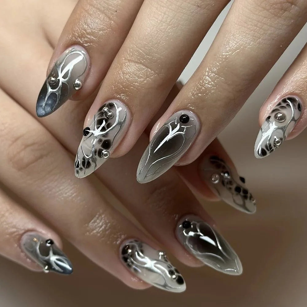 24Pcs Dark Press on Fake Nails with Black Glitter