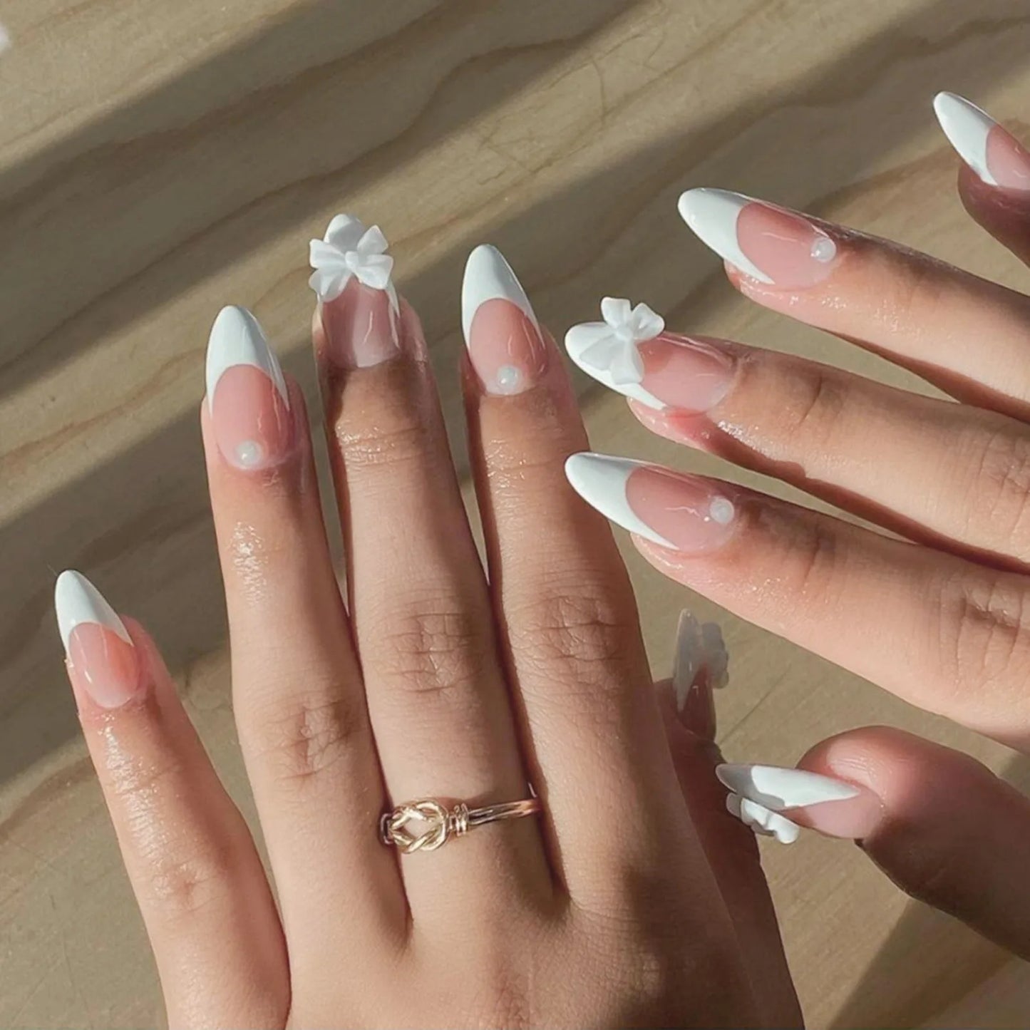 White French Press on Nails 3D Bowknot Fake Nails
