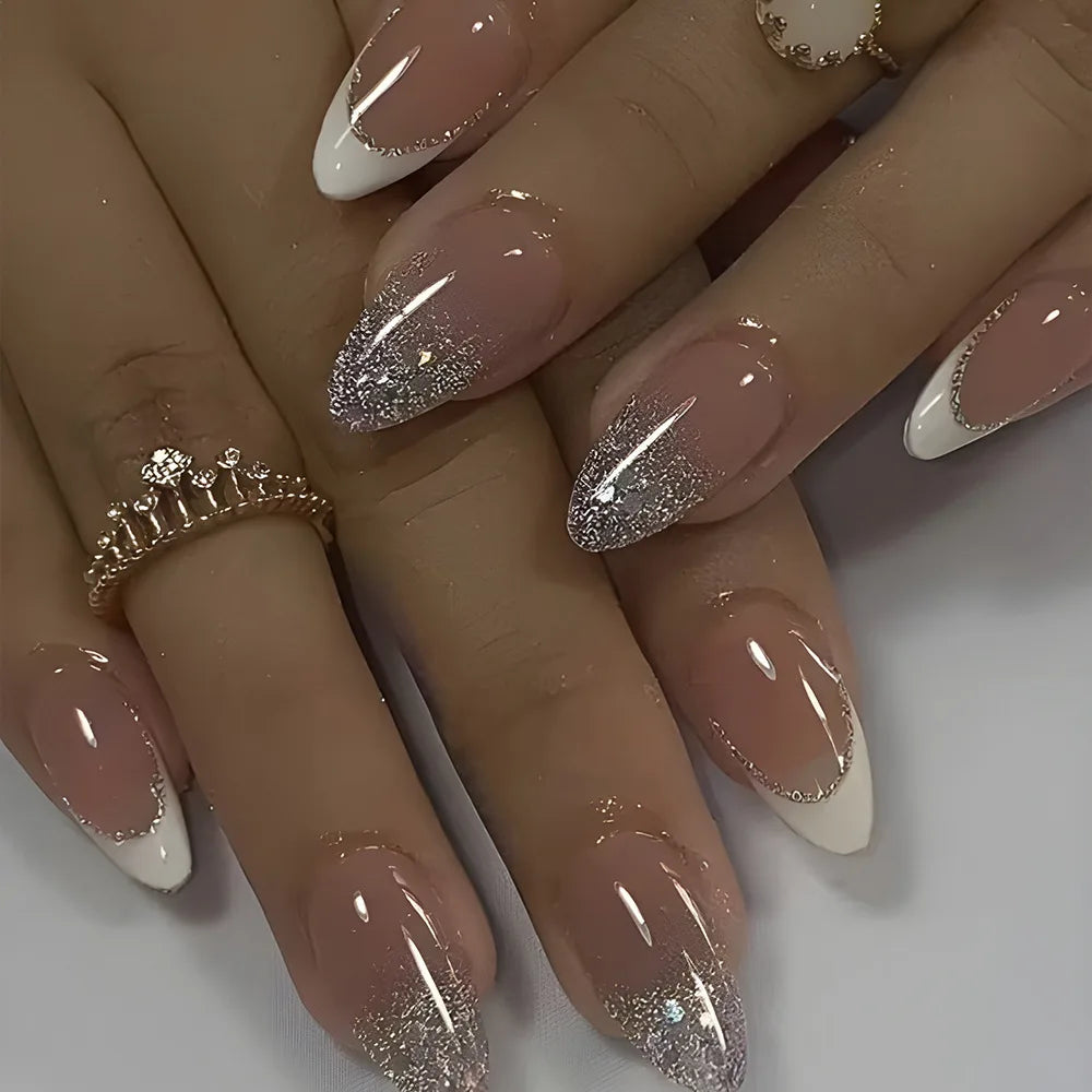 24Pcs Almond Fake Nails with Shimmery Powder