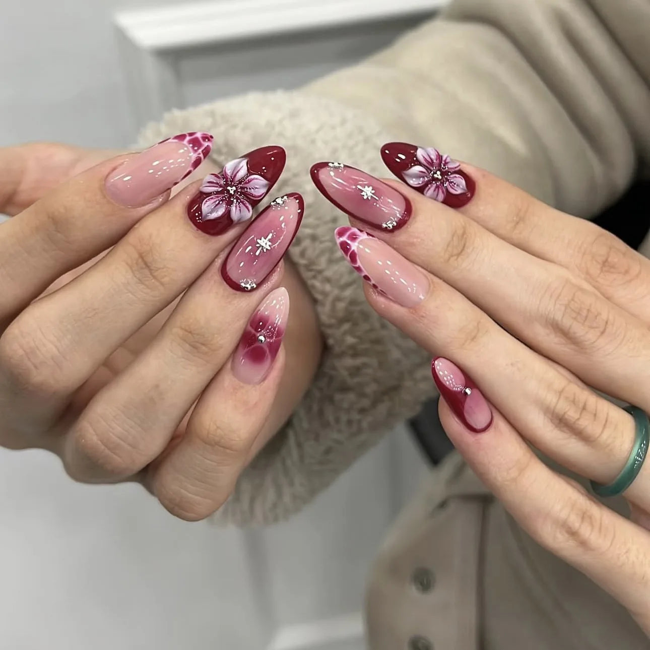 Gentle Nude Pink Press on Nails with 3D Flower