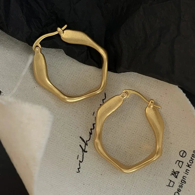 Simple Golden Metal Style Matte Hexagon Earrings