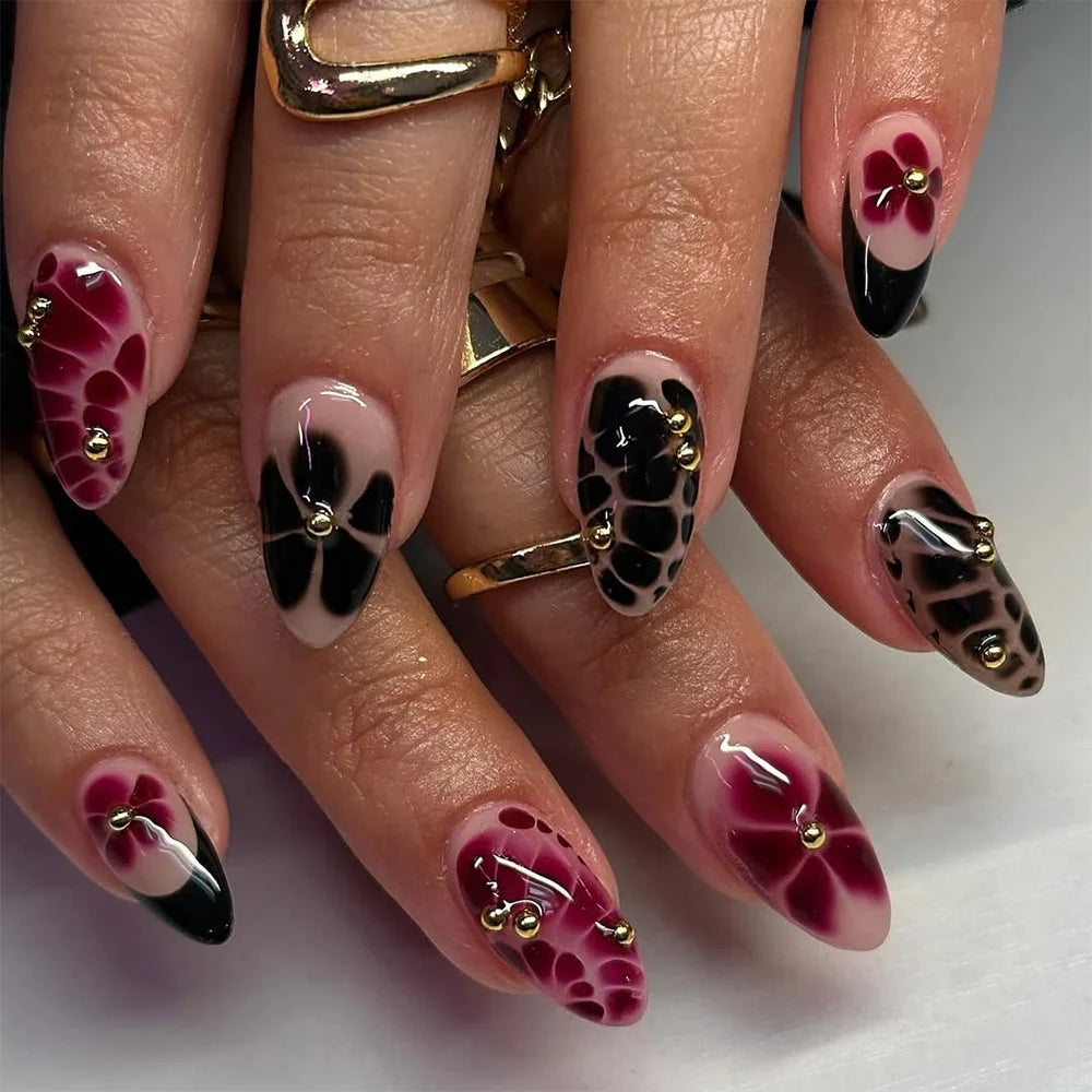24Pcs Dark Press on Fake Nails with Black Glitter