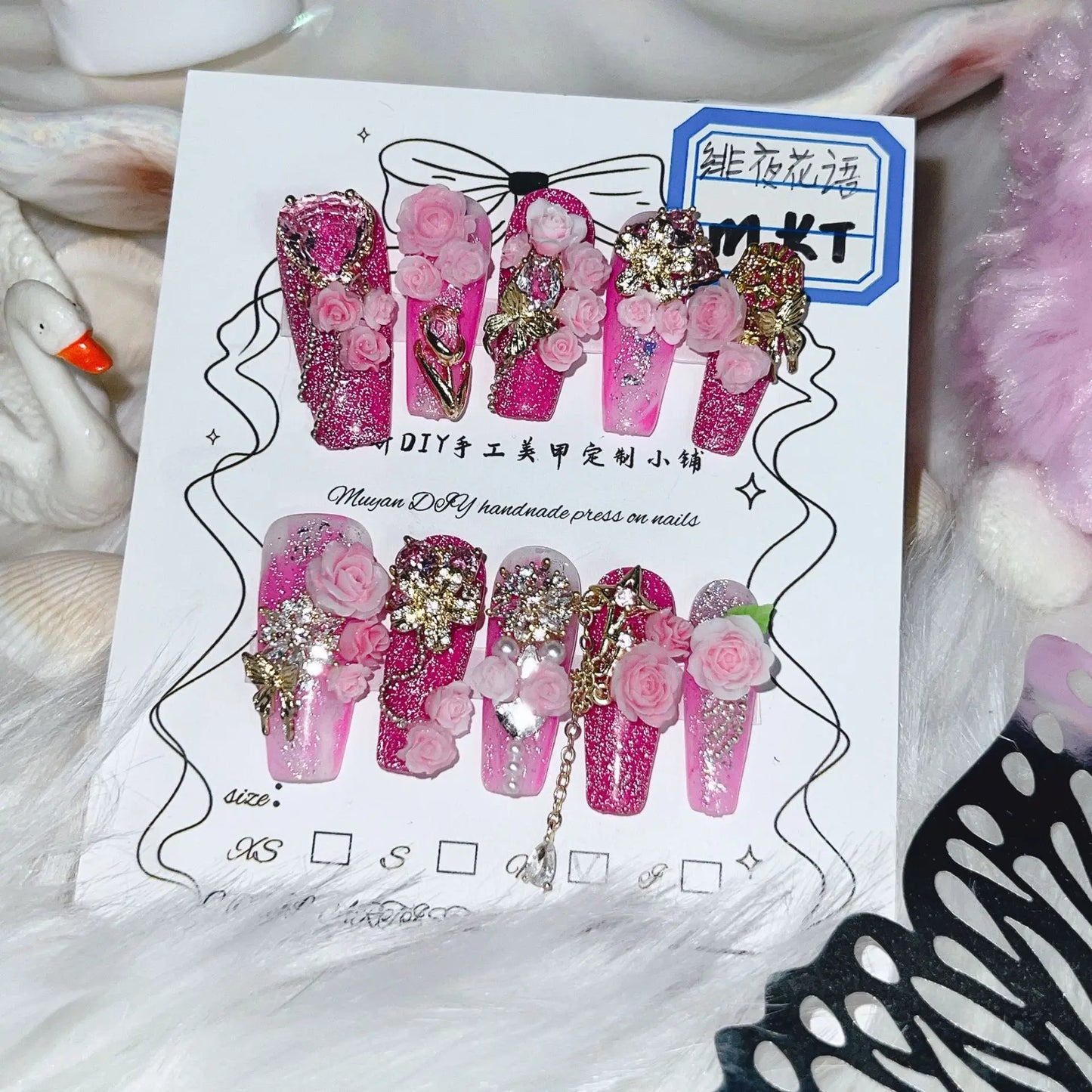 Press On Nails Handmade Pink Ombre 3D Rose Gold