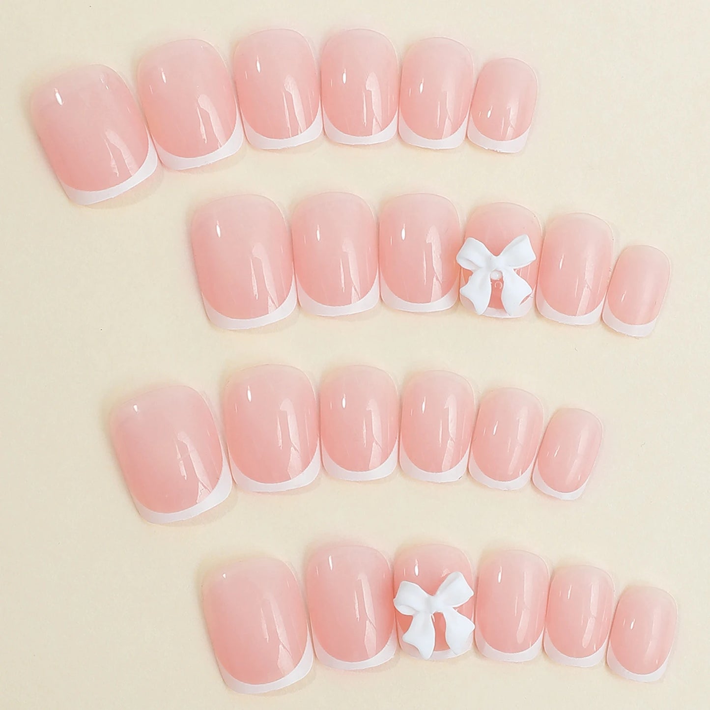 White French Press on Nails 3D Bowknot Fake Nails