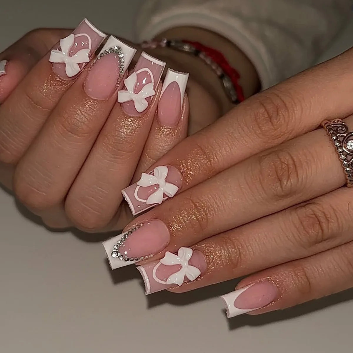 24Pcs Pink French Style Fake Nails 3D Bowknot